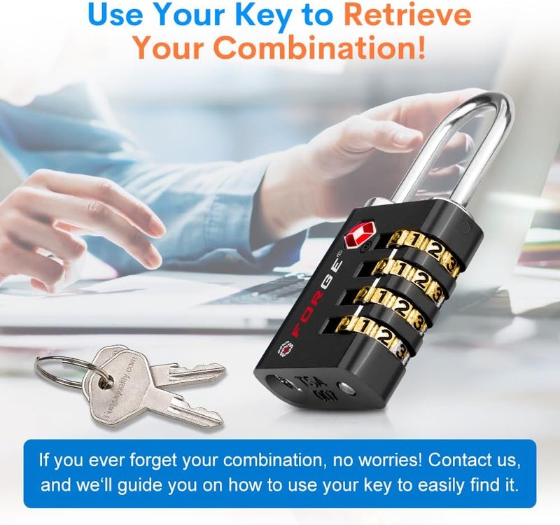 Forge Dual-Opening: Key or Combination Access Lock, Use Key to Recover Code If Forgotten, TSA Approved Locks for Luggage, Pelican case, Travel, Gym, School, Stainless Steel Shackle.(Black 6 Pk) - Image 5